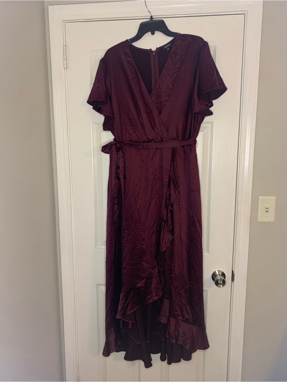 torrid Wine High-Low Wrap Dress with Ruffle Hem